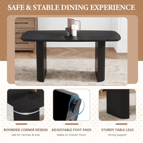 TesNus Modern Dining Table Set for 4, 67'' Black Dining Table Set with 4 Upholstered Metal Chairs, 3.5'' Oval Wood Top and Matte Black Pedestal Base, Rounded Corners Kitchen & Dining Room Table Set