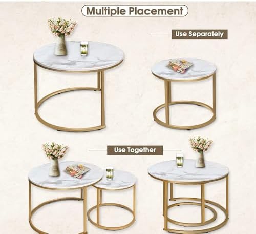 aboxoo Coffee Table Nesting White Set of 2 Side Set Golden Frame Circular Rou...