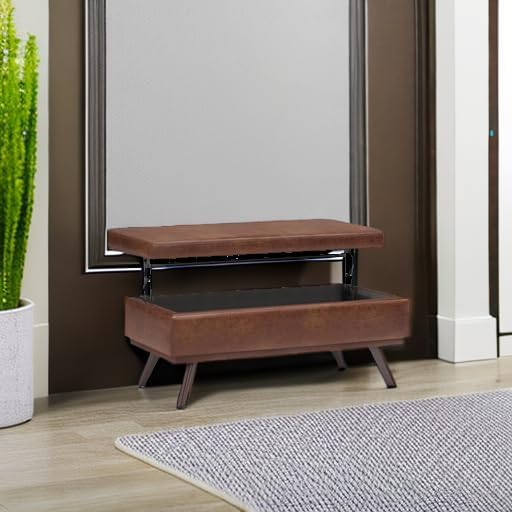 SIMPLIHOME Owen 42" Wide Vegan Leather Lift Top Ottoman in Saddle Brown ...