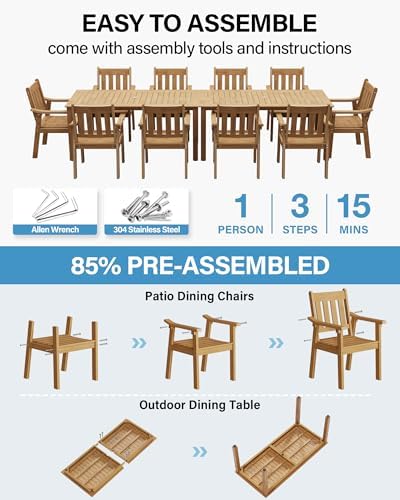 YEFU Outdoor Dining Set for 10, All-Weather HIPS, Aluminum Frame, Teak