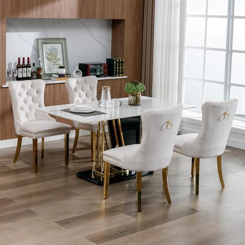Mid Century Modern Dining Chairs Set of 4, Beige Velvet Upholstered Tufted Ba...