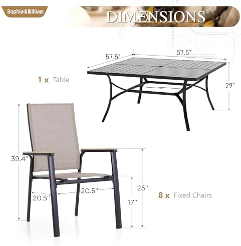 Sophia & William Patio Dining Set for 8, Square Table & Aluminum Chairs