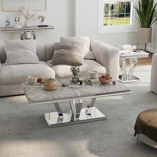 2 Piece Silver Living Room Table Set, Luxury Coffee Table Set | Gray Top, Sil...