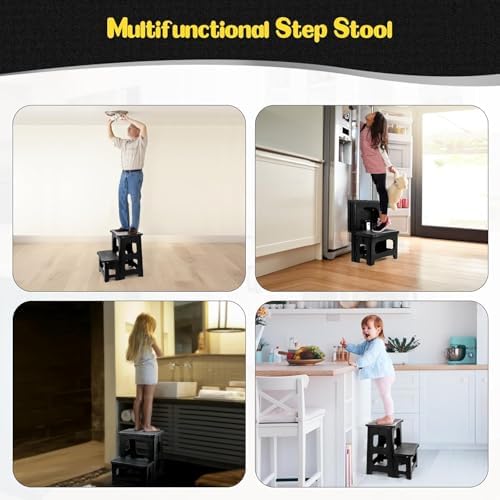 2 Step Stool Foldable for Adults, Plastic Folding Step Stool, Black
