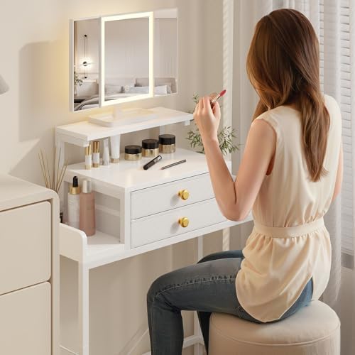 HIGDBFE Vanity Desk with Mirror and Lights 28.4''W Small Makeup Vanit...
