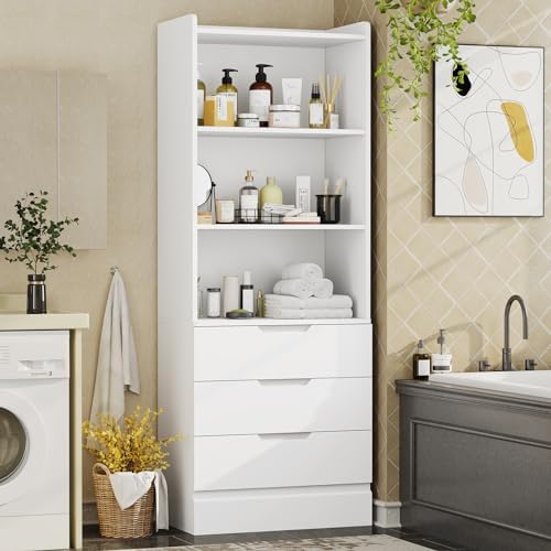 DICTAC 73.23'' Tall Storage Cabinet Bookcase with 3 Drawers and 3-Tie...