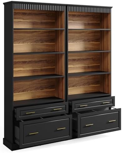 LITTLE TREE 72" Tall Black Bookcase with 2 Drawers, 5-Tier Bookshelf wit...