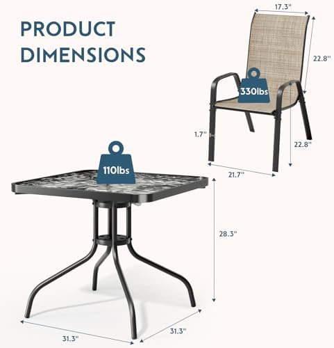 Arlopu 5 Pieces Outdoor Patio Dining Set, Glass Table and Textilene Chair