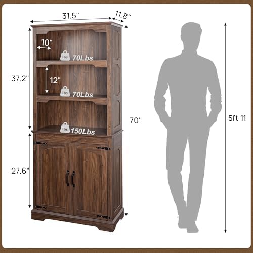 70”Walnut Bookcase Bookshelf, 5-Tier Farmhouse Bookcases with Doors