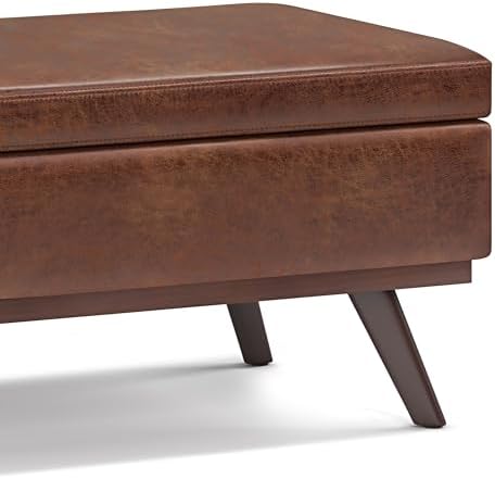 SIMPLIHOME Owen 42" Wide Vegan Leather Lift Top Ottoman in Saddle Brown ...