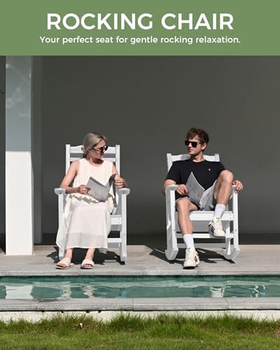Outdoor Rocking Chair, HDPE Patio Rocking Chair, All Weather,White | Relax in...