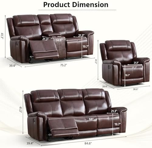 ANJ Premium Genuine Manual Reclining Sofa Set, Included Single Recliner Chair...
