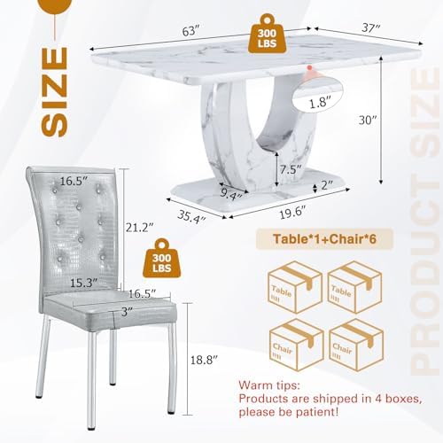JUFU 63-Inch Faux Marble Dining Table Set for 6, Gray Chairs, Silver Legs