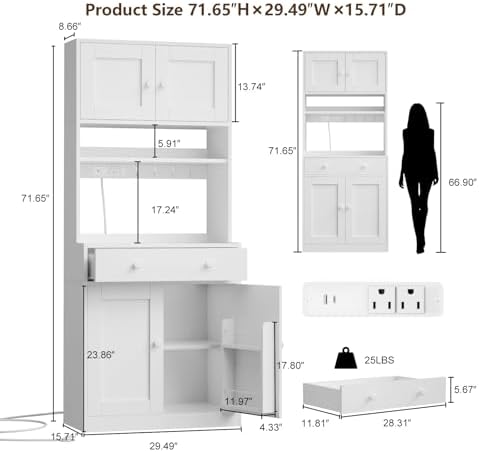 71" Tall Kitchen Pantry Cabinet with Microwave Countertop, LED Lights Wh...