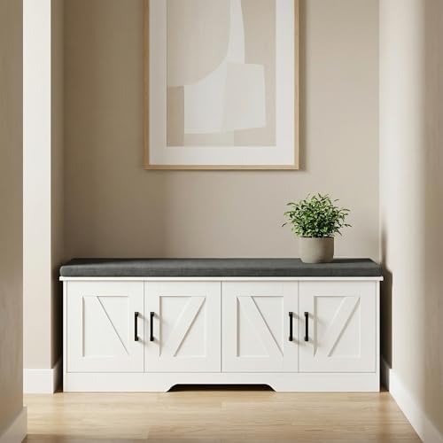 HOMSHO Farmhouse Shoe Storage Bench with 4 Barn Doors & Padded Seat Cushi...