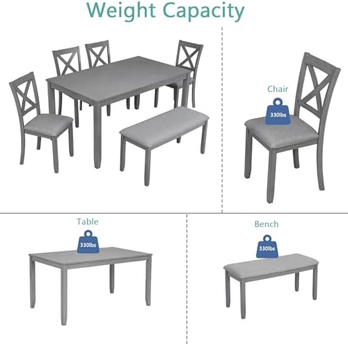 LUMISOL 6-Piece Dining Table Set with Bench, Farmhouse Solid Wood Kitchen Tab...