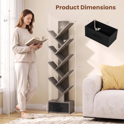 GIANTEX 9-Tier Tree Bookshelf, Tall Small Bookcase with Drawer, Gray Oak