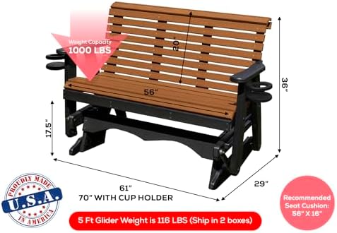 5 FT Cedar Amish-Made Porch Glider – 1000 lb Heavy-Duty Poly Lumber wood Roll...