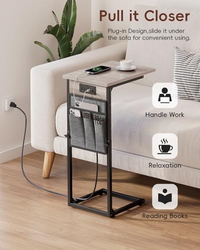 VAGUSICC C Shaped End Table with Charging Station, Adjustable Height Side Tab...