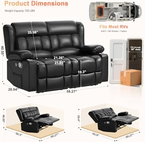 RV Loveseat Recliner Sofa, Reclining Loveseat Home Theater Seating with USB P...