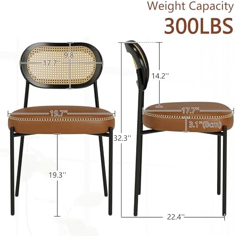 Rattan Dining Chairs Set of 4, Camel Leather Upholstered Dining Chairs with R...