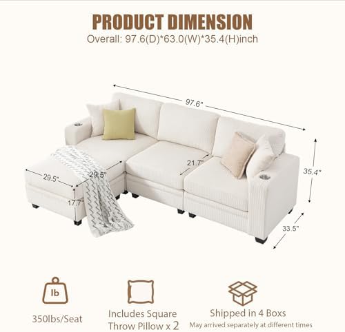 97" Modular Sectional Couch with Storage, Corduroy 3-Seater L Shaped Sof...