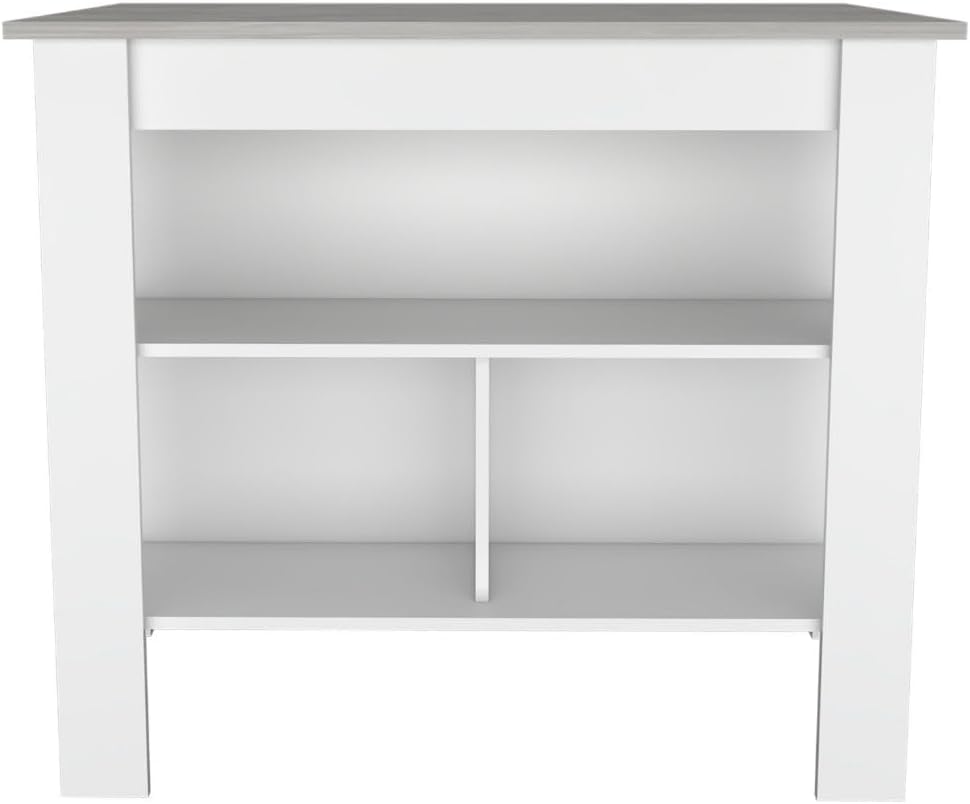 Kitchen Island with Open Shelves, White and Marble-Look Top | 3 Storage Shelv...