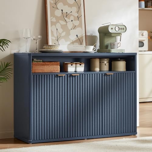 LEYAOYAO 45-Inch Fluted Buffet Cabinet with 3 Doors,Dark Blue