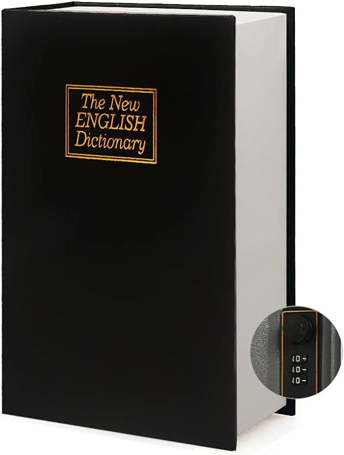 Leather Book Safe (Size 8.7"×6"×2") Real Paper Secret for Jewelry, Money and Cash, Diversion Book Safe,Hollow with Hidden,Combination Lock (M, Black-Combination)