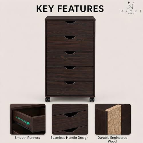 Naomi Home Under Desk Office File Cabinet with 5 Drawers, Rolling Storage Org...