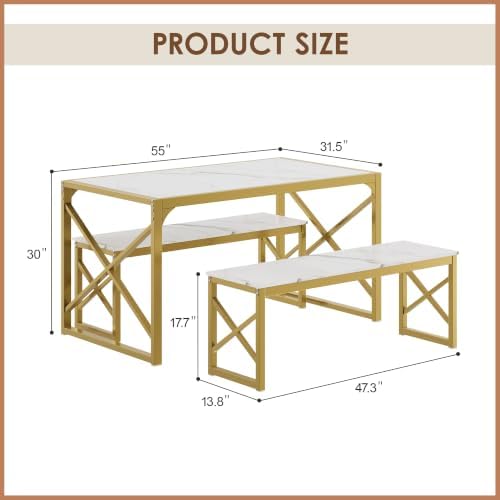 VECELO 55” Kitchen Dining Table Set for 4, Heavy-Duty Steel Frame & Wood-...