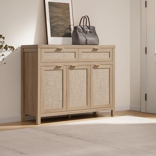 SICOTAS Rattan Sideboard Buffet Cabinet with Storage, Boho Credenza Accent