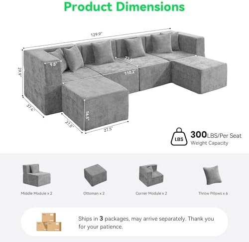 MONVANE U Shaped Sectional Couch Oversized, Chenille, Light Gray | 6-Seat Sec...