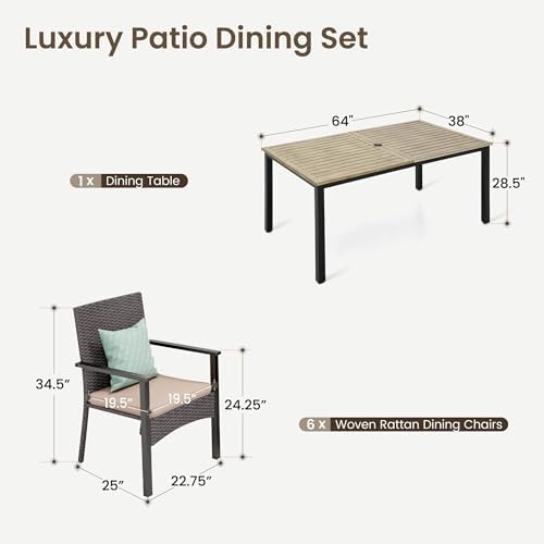 PHI VILLA 7 Piece Patio Dining Set, 64” Wood-Like Table, Rattan Chairs