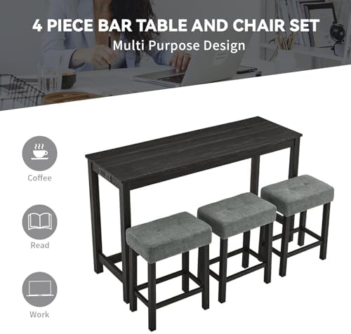 59" Industrial 4 Piece Bar Table Set with Built-in Power Outlet, Behind ...
