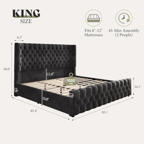 AMERLIFE Upholstered King Bed Frame with Wingback Headboard, Black Velvet