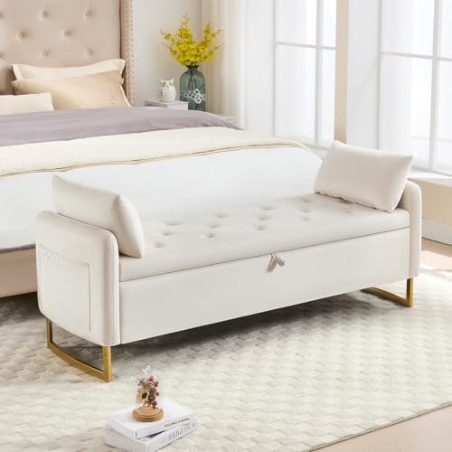 Storage Bench for Bedroom, 65 Inch End of Bed Storage Bench Beige | Velvet St...