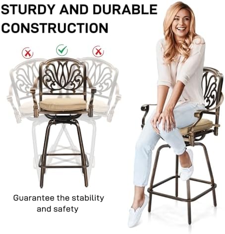 VINGLI Outdoor Swivel Bar Stools Set of 2, Cast Aluminum Patio Bar Height Cha...