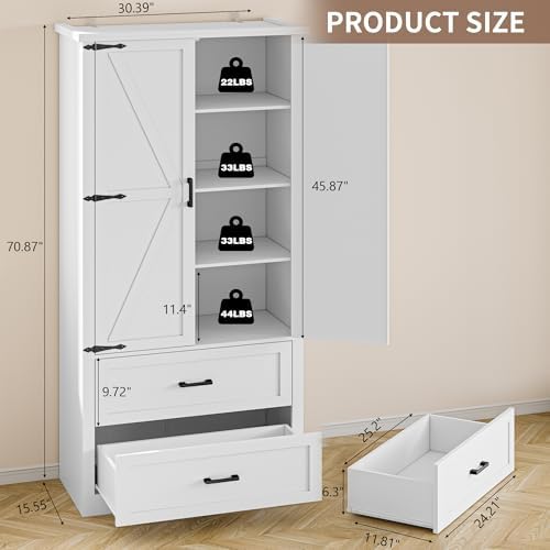 BORNOON Pantry Organizers and Storage Cabinet, 71” Barn Door White Kitchen Ca...