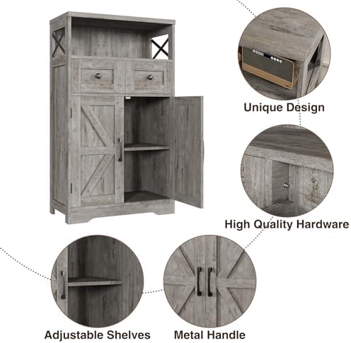 Farmhouse Storage Cabinet with Drawers, Small Kitchen Pantry Cabinet, Gray