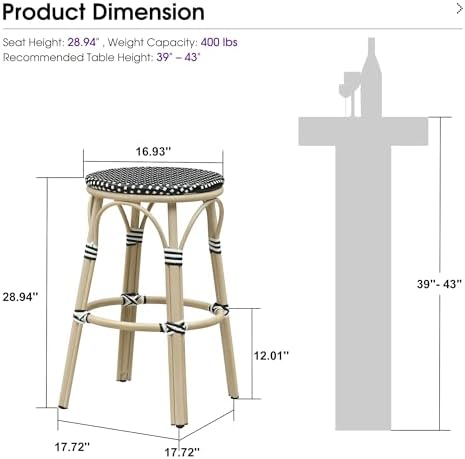 PURPLE LEAF Bar Stools 29" Round French Set of 2 Backless, Black | White...