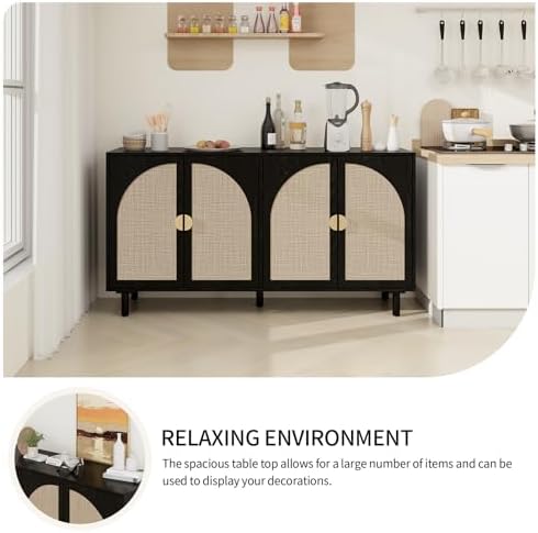 vistavie Black Rattan Buffet 4-Door Storage Cabinet with Adjustable Shelves, ...