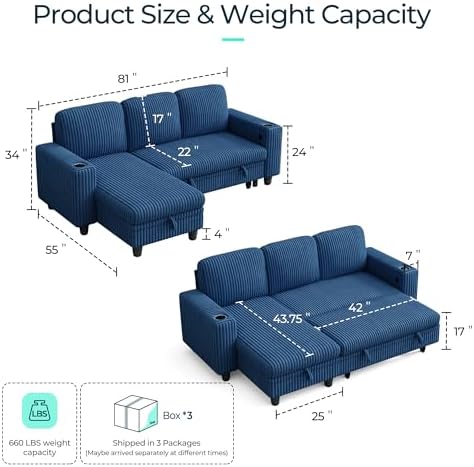 LINSY HOME Sectional Couches for Living Room, 81" L Shape 3 Seats, Blue ...