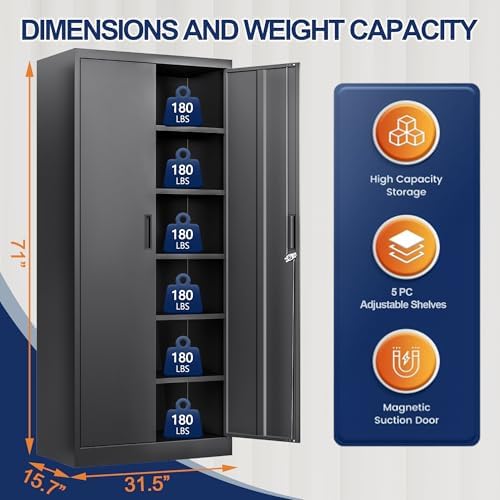 BESFUR Metal Storage Cabinet with 2 Doors and 5 Adjustable Shelves Garage Sto...
