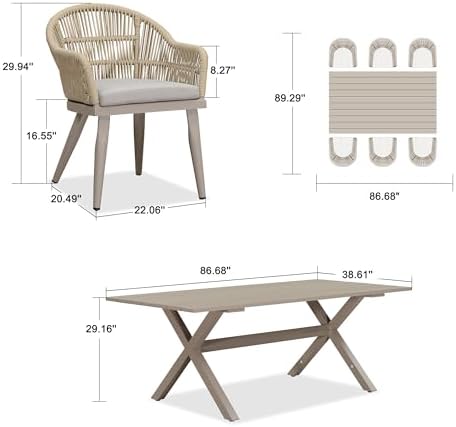 PURPLE LEAF 7 Pieces Outdoor Dining Set with Longer Table, Champagne