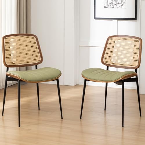 Rattan Dining Room Chairs Set of 4,Mid Century Modern Green PU Leather Kitche...