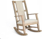 Pemberly Row Mahogany Rocking Chair with Cushioned Seat and Back, Studded Accents, Smooth Rocking Motion, Beige
