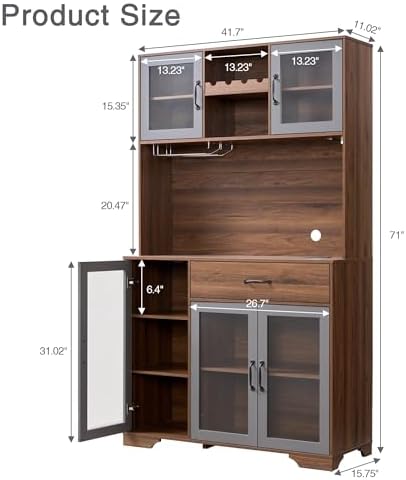Fatmok 71" Tall Pantry Cabinet with Glass Doors, Kitchen Hutch Storage C...