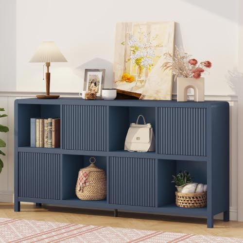 FATORRI 8 Cube Bookcase with 4 Doors, 57 Inch Wooden Bookshelf with Storage C...