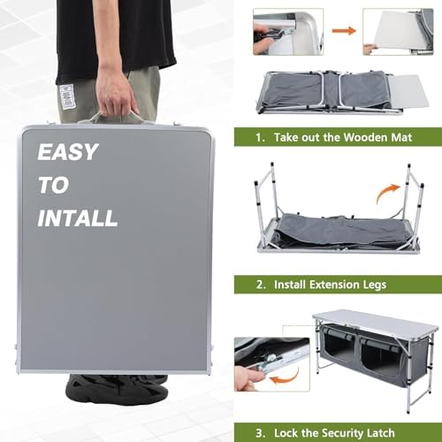 JOUYEK Camping Table, Folding Portable Kitchen Table with Storage Gray
